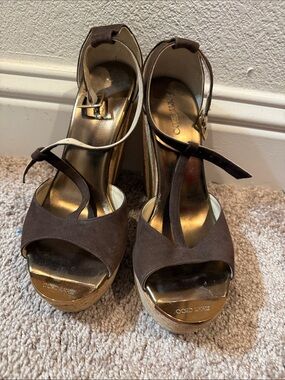 Jimmy Choo Brown Suede Wedge Sandals with Gold Footbed